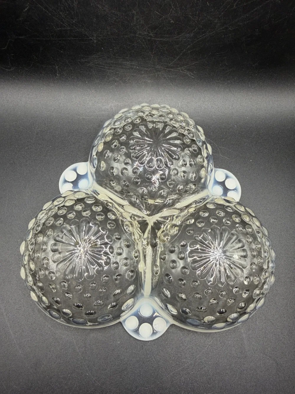 Vintage Opalescent Moonstone Hobnail Clear White Glass Divided Serving Dish